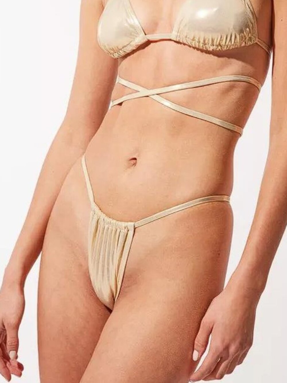 SOLID & STRIPED Women's The Raine Bikini Bottom Size L in Liquid Foil-Pale Gold